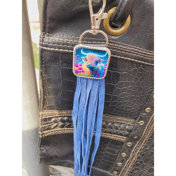 Handmade cow lover boho Leather Fringe Western bag charm, Long fringe keychain - Picture 4 of 5